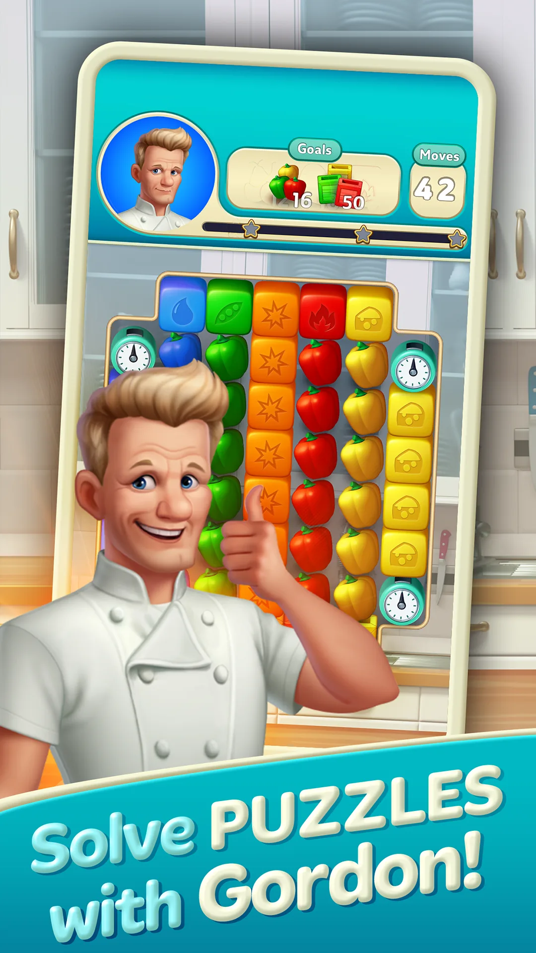 A level in progress, with a board of food cubes, Gordon Ramsay tracking goals of 16 vegetables and 50 crates, and 42 moves remaining.