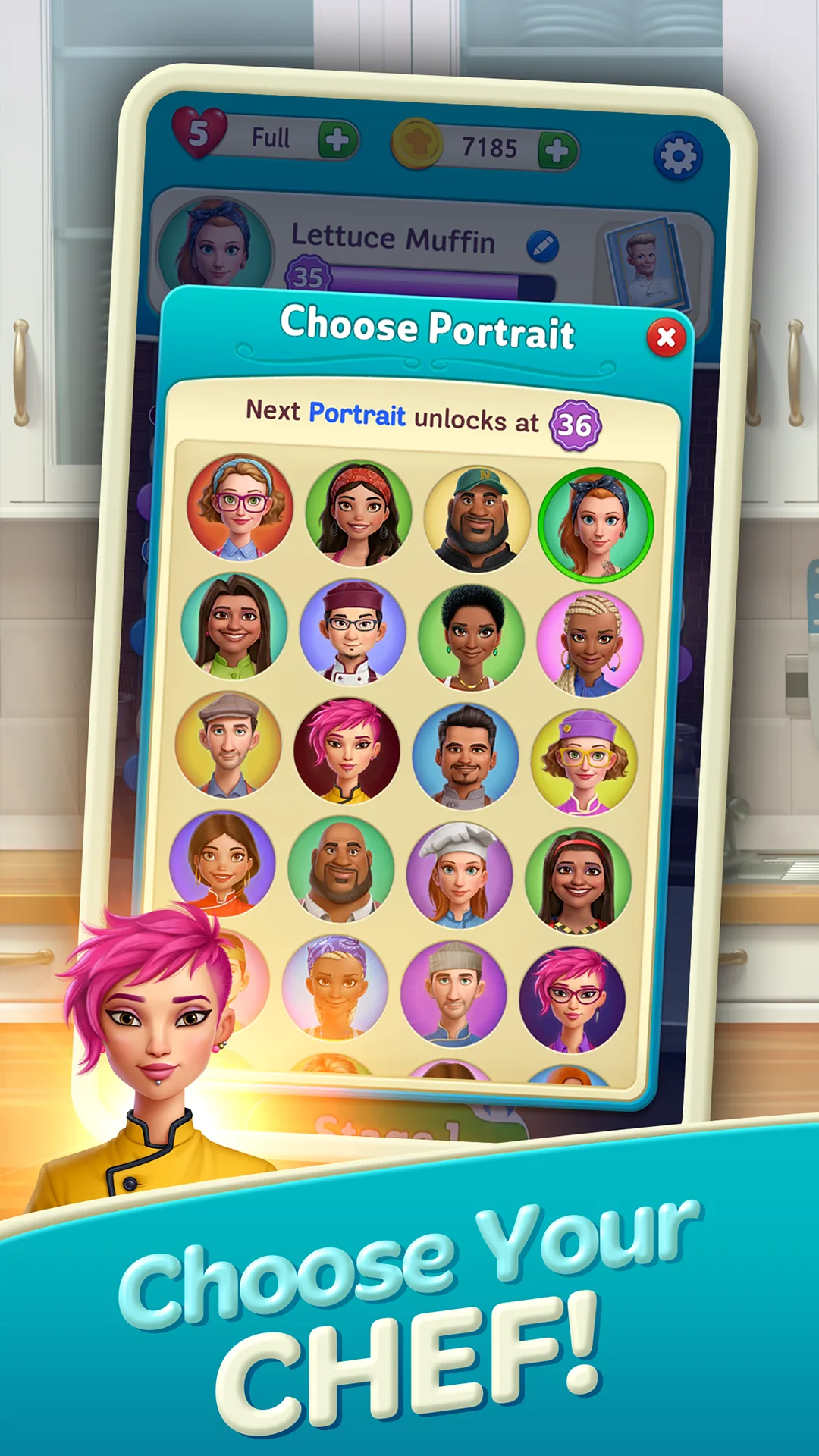 The Choose Portrait screen, where players pick a chef avatar from a grid of unlockable portraits.