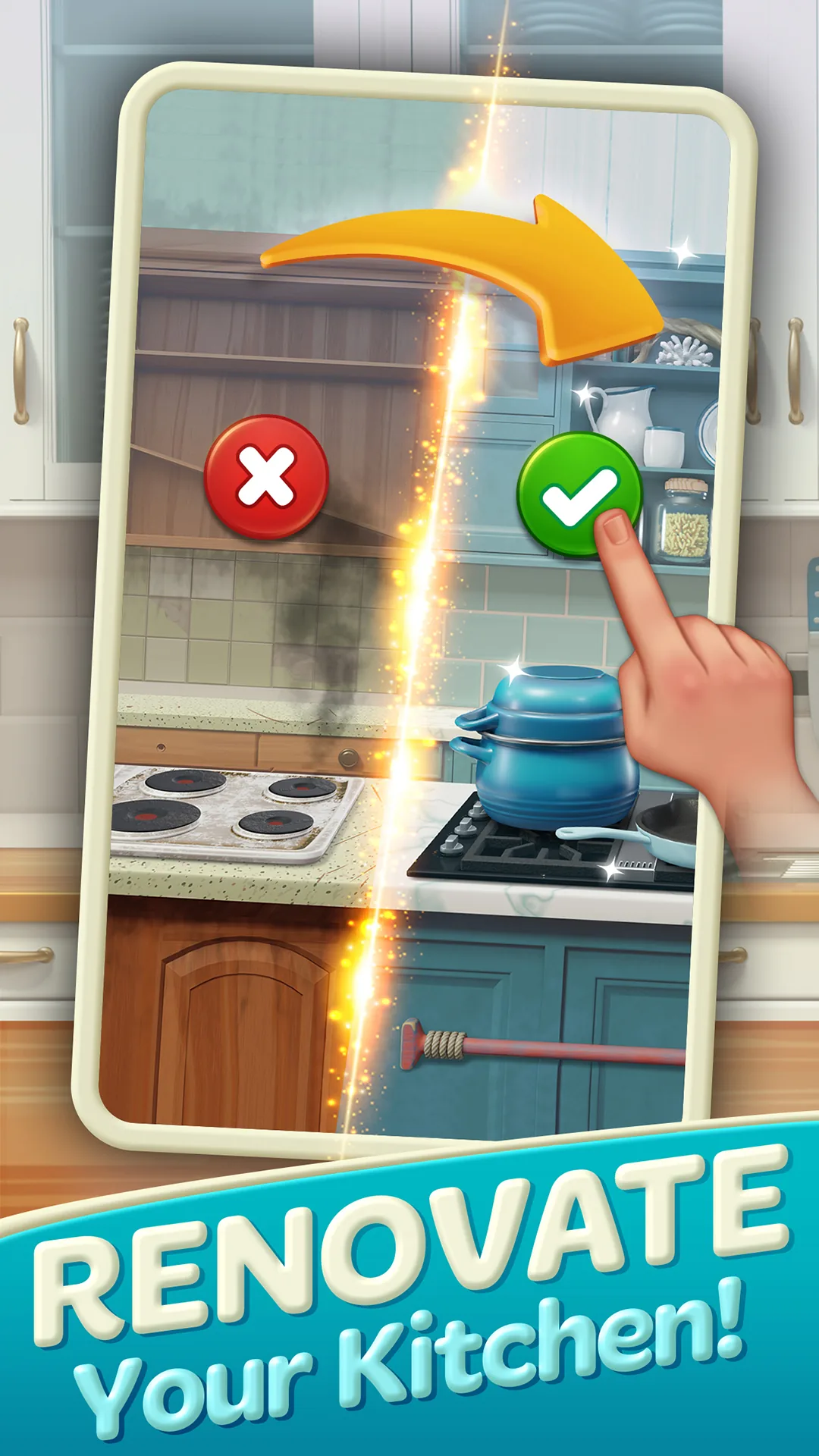 The kitchen renovation flow, showing a worn kitchen wiping across to a refurbished one as the player confirms an upgrade.