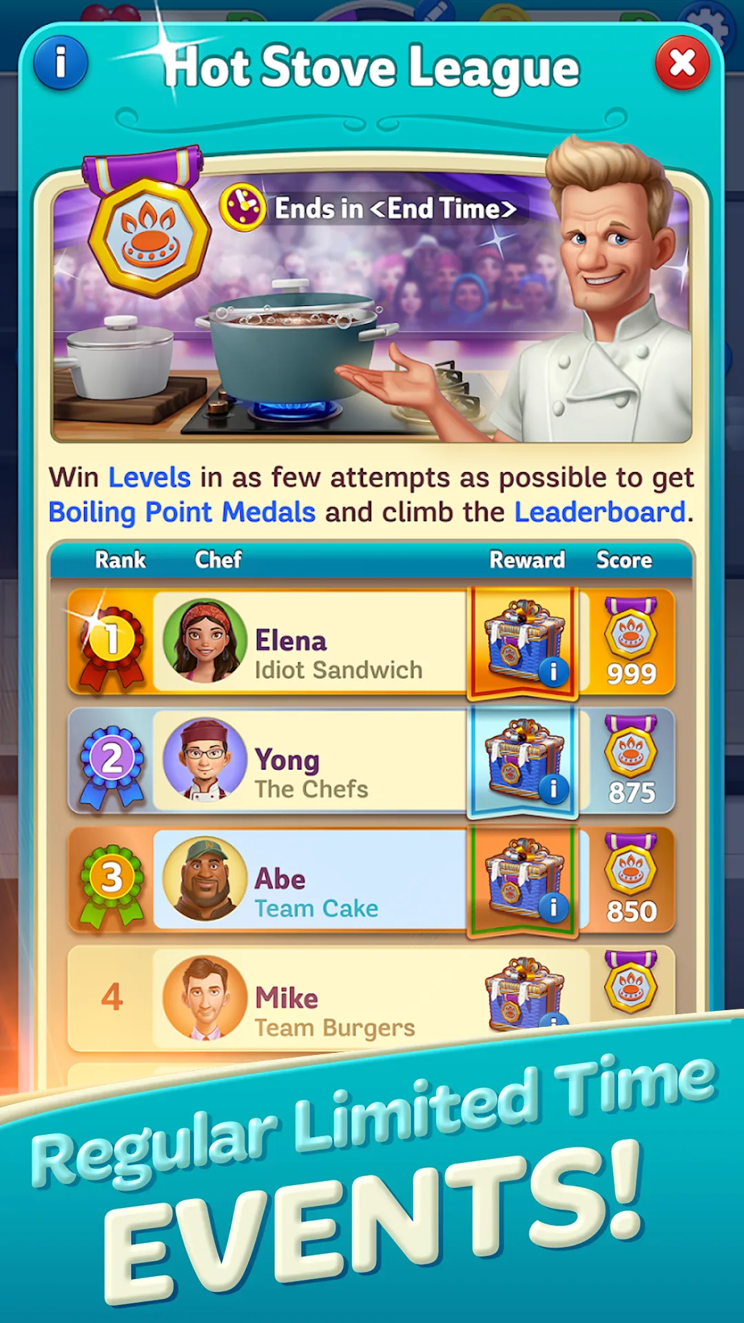 The Hot Stove League event, where players race to clear levels in as few attempts as possible to earn Boiling Point Medals and climb a leaderboard of rival chefs.