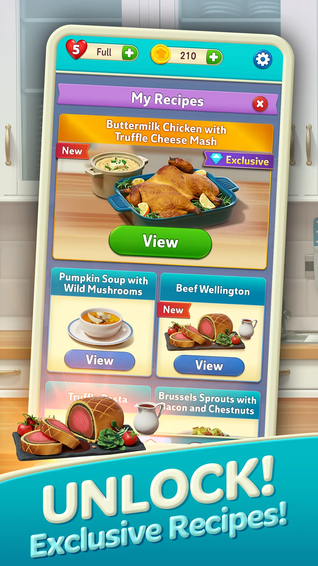 The My Recipes menu, listing unlockable dishes including Beef Wellington and an exclusive Buttermilk Chicken with Truffle Cheese Mash.