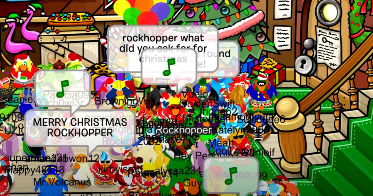 The community meeting up with one of the game's mascots, Rockhopper.