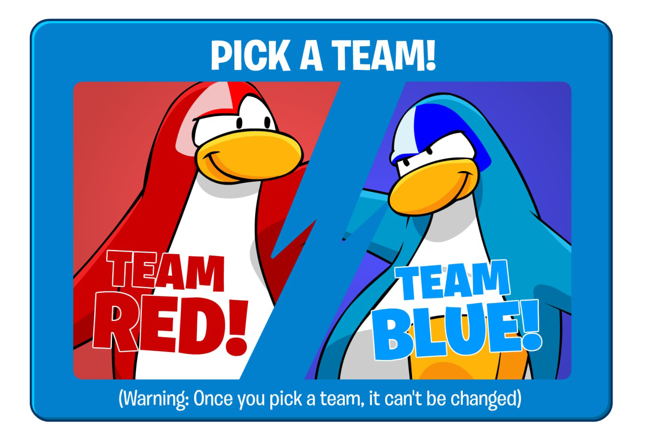 Team selection screen allowing players to pick a side for the duration of the Penguin Games event.