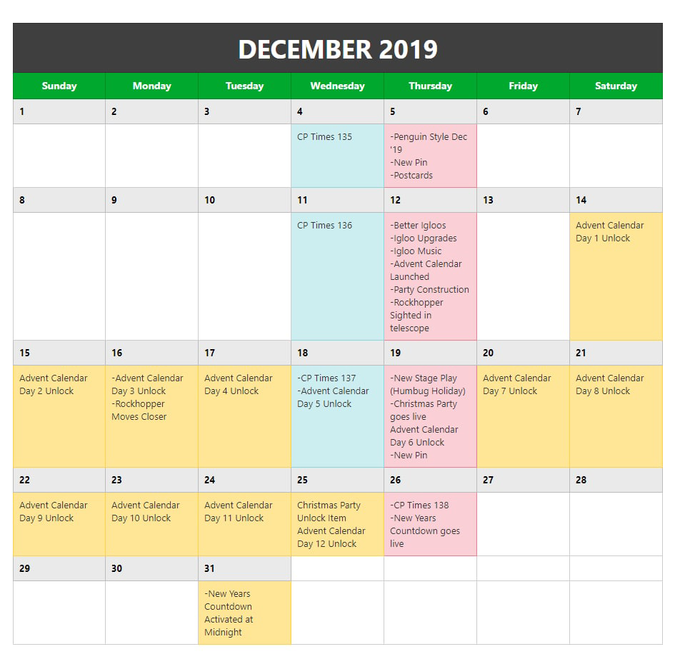 A schedule for the updates for December 2019.