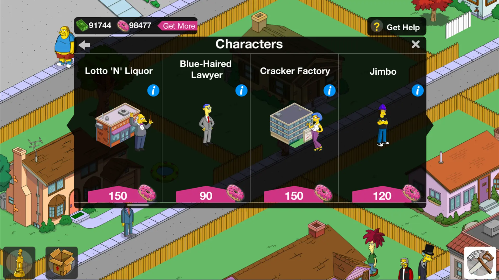 The store's Characters category, listing Lotto 'N' Liquor, Apu's Apartment, the Blue-Haired Lawyer and the Cracker Factory with their donut prices, in the original The Simpsons: Tapped Out client.