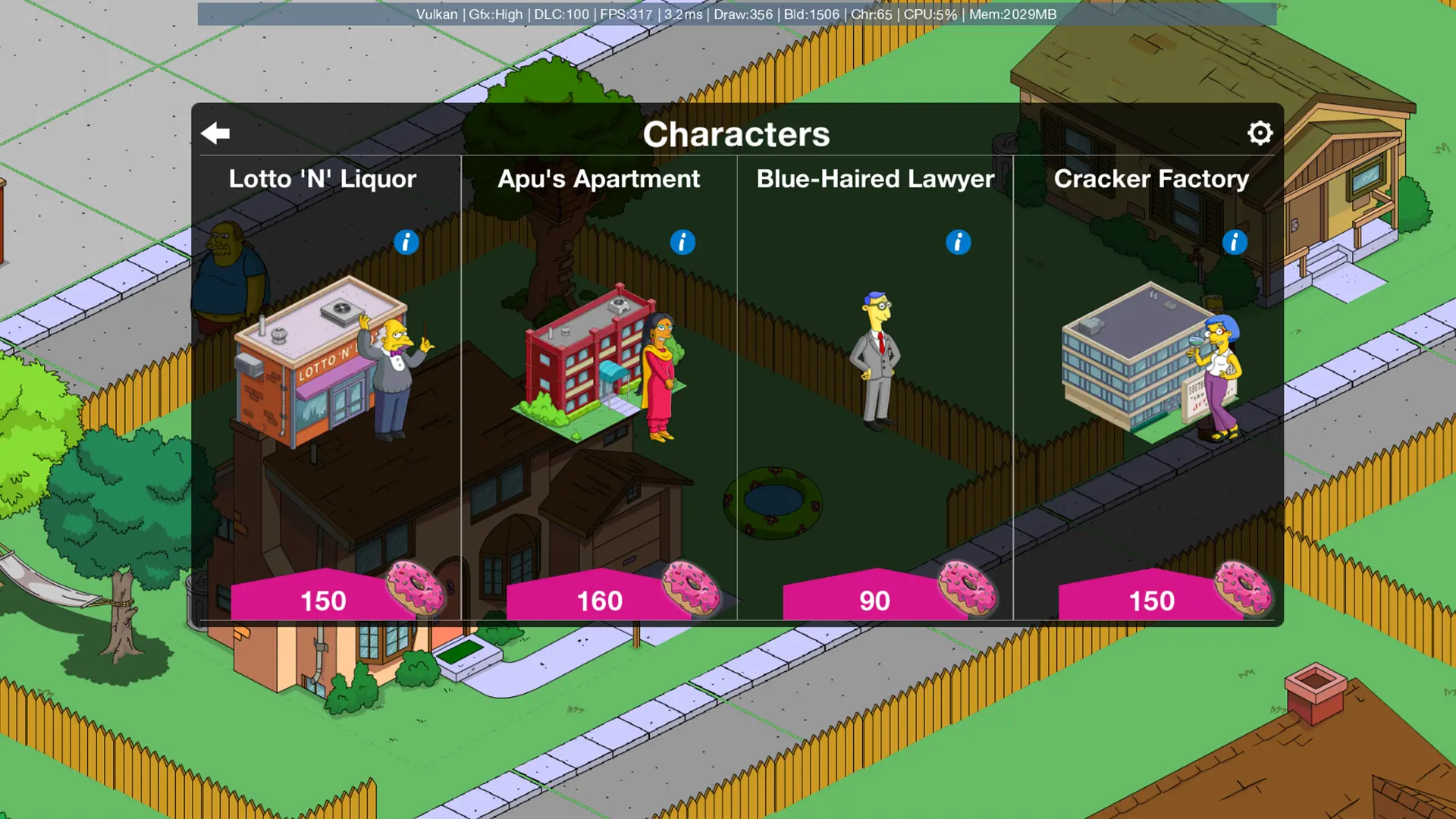 The store's Characters category, listing Lotto 'N' Liquor, Apu's Apartment, the Blue-Haired Lawyer and the Cracker Factory with their donut prices, rebuilt in OpenTSTO.