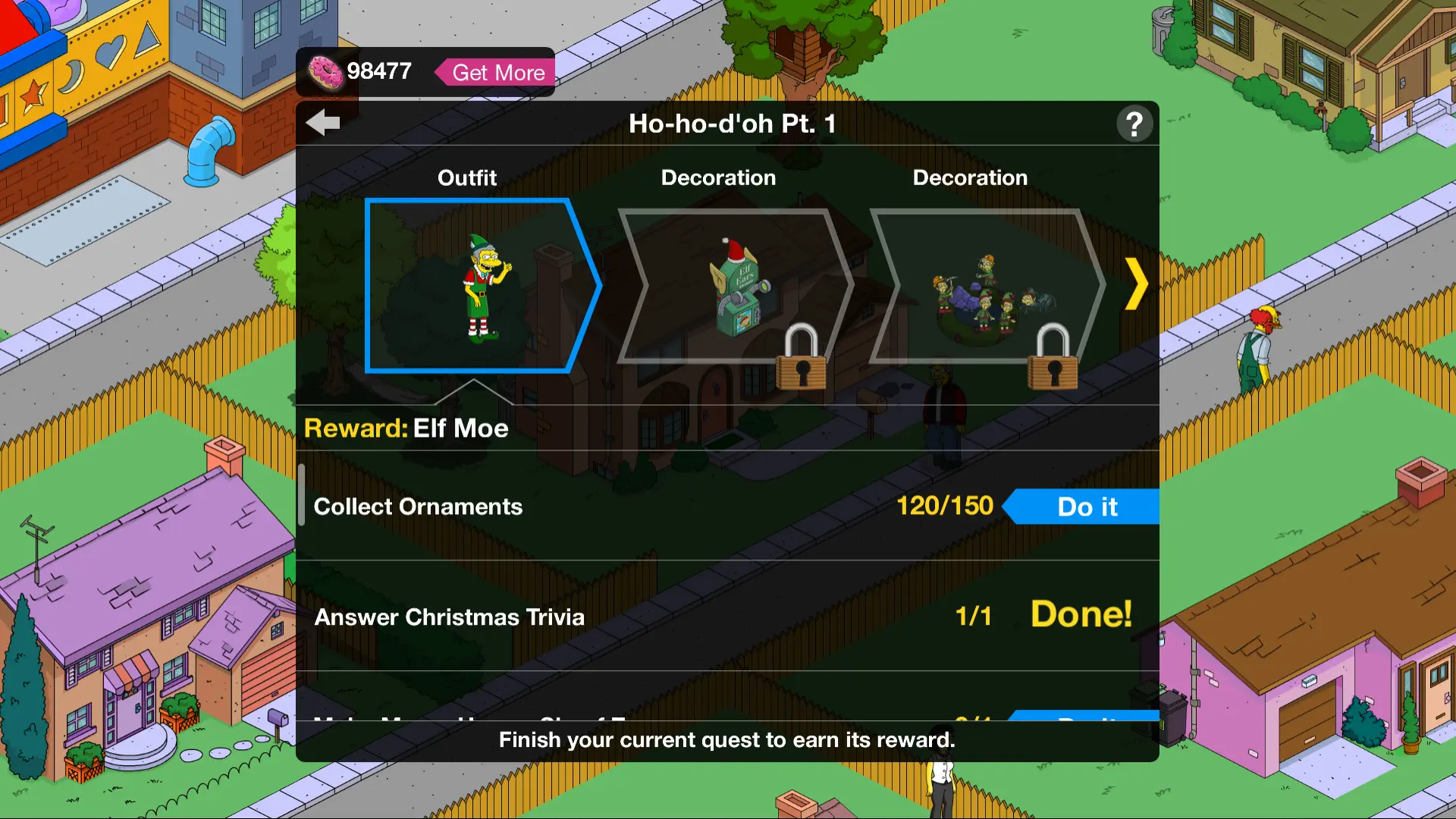 The Ho-ho-d'oh Pt. 1 prize track, showing the Elf Moe reward, locked decoration tiers, and a Collect Ornaments objective at 120 of 150, in the original The Simpsons: Tapped Out client.