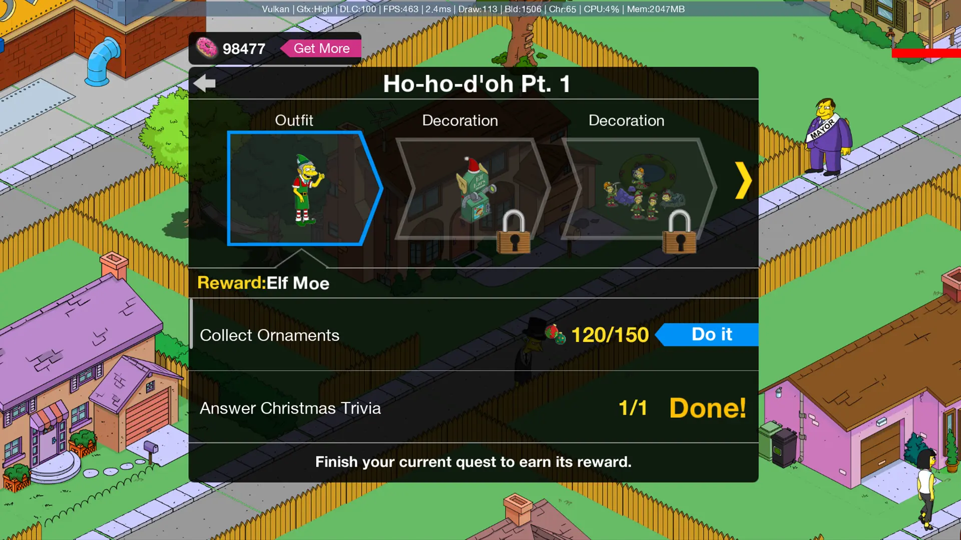 The Ho-ho-d'oh Pt. 1 prize track, showing the Elf Moe reward, locked decoration tiers, and a Collect Ornaments objective at 120 of 150, rebuilt in OpenTSTO.
