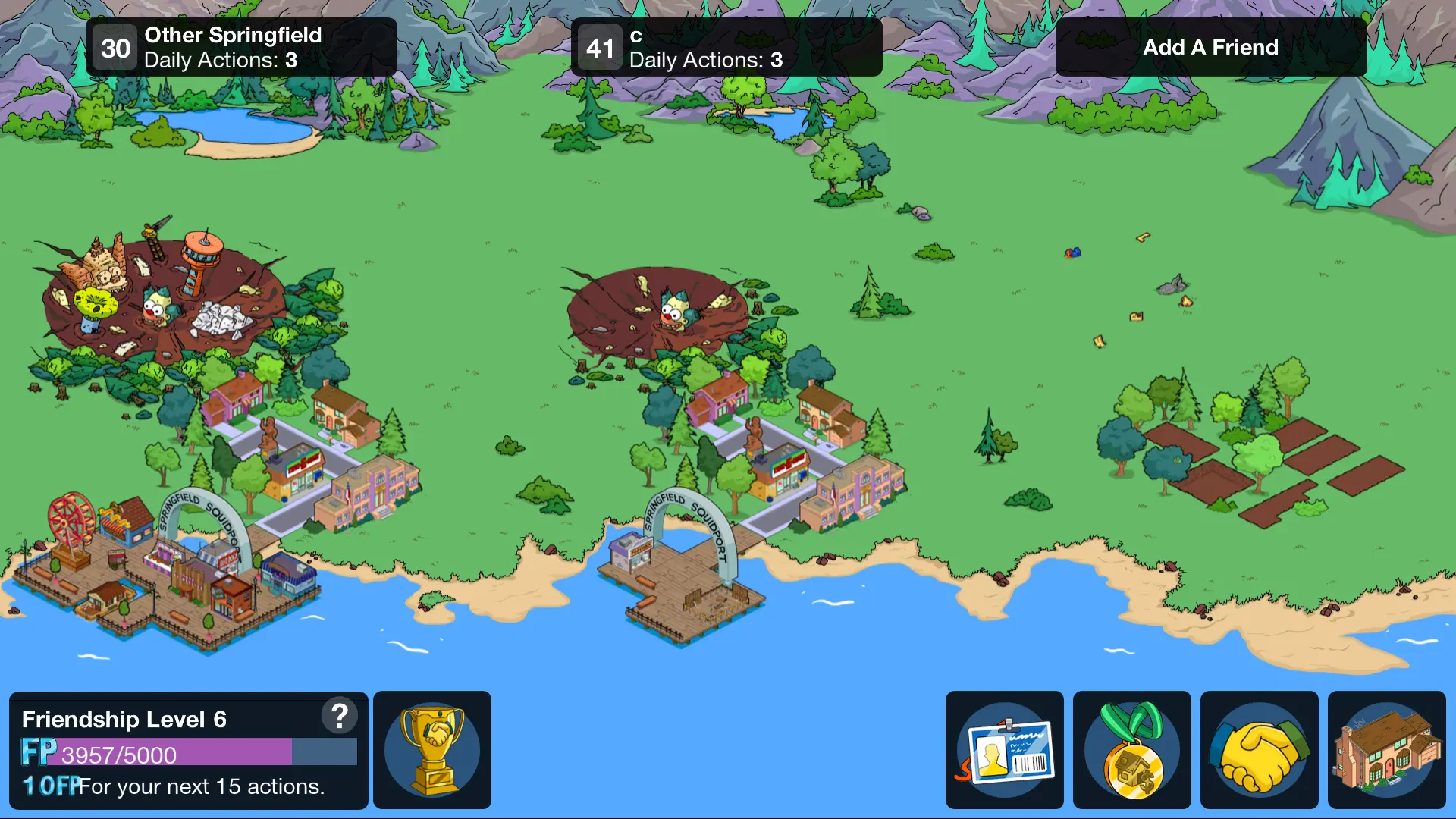 The Other Springfield friend map, with friend towns over a continuous shoreline and the Friendship Level 6 progress bar, in the original The Simpsons: Tapped Out client.