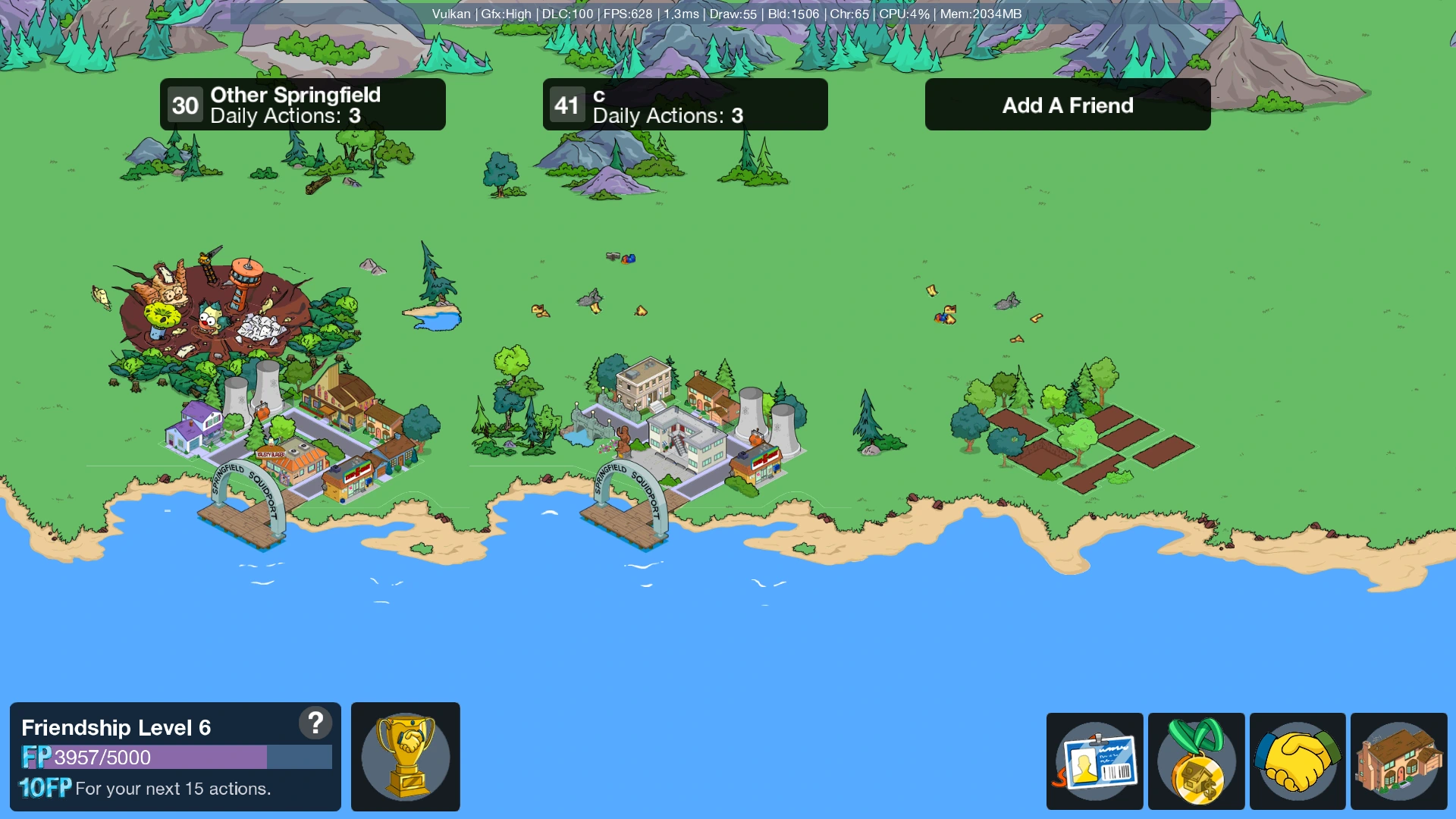 The Other Springfield friend map, with friend towns over a continuous shoreline and the Friendship Level 6 progress bar, rebuilt in OpenTSTO.