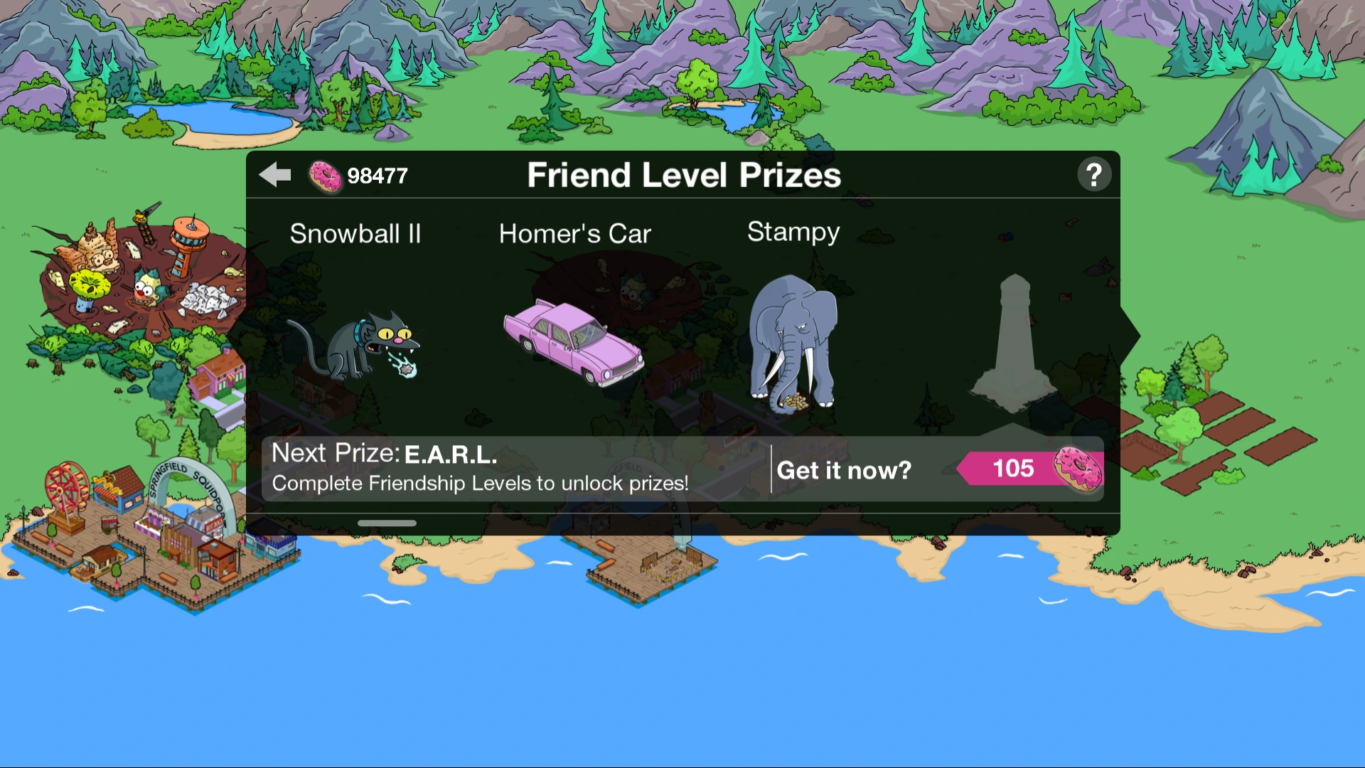 The Friend Level Prizes screen, showing Snowball II, Homer's Car and Stampy as unlockable prizes with E.A.R.L. up next, in the original The Simpsons: Tapped Out client.