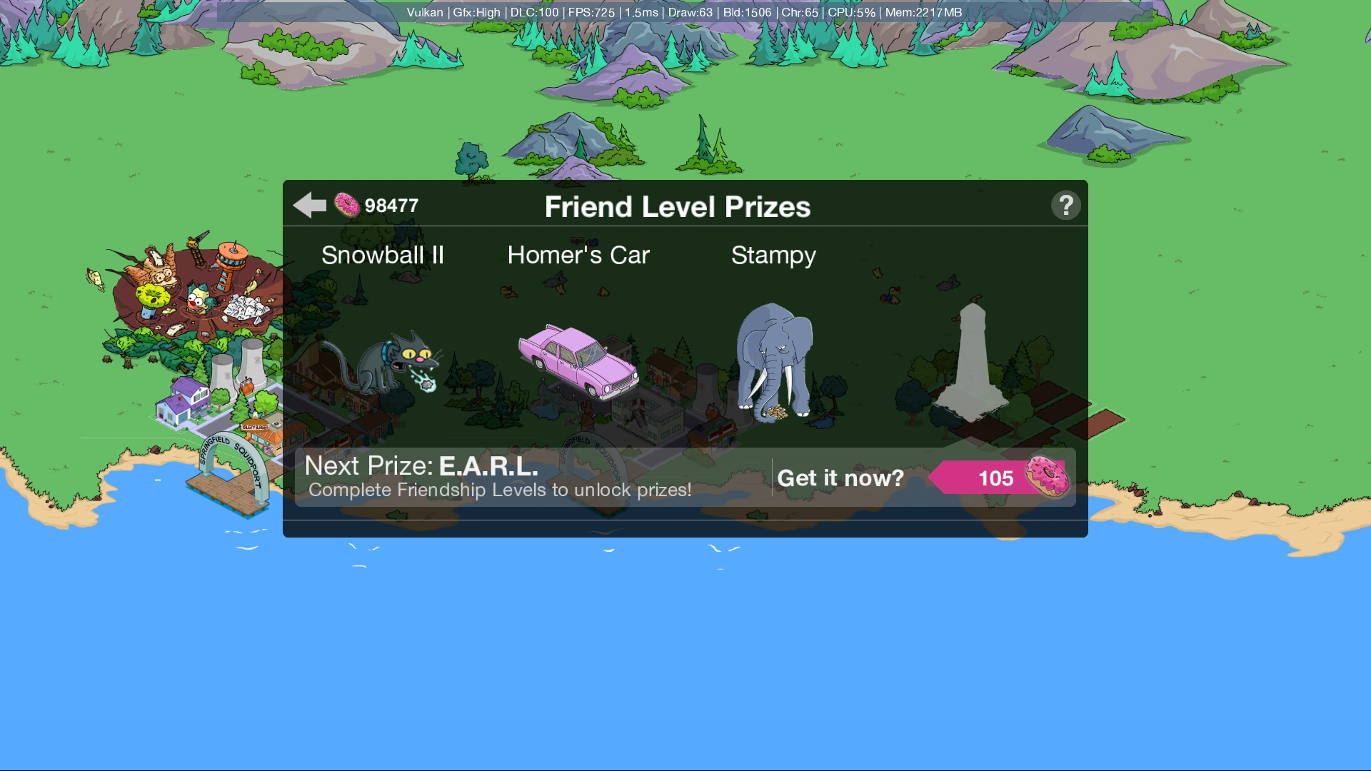 The Friend Level Prizes screen, showing Snowball II, Homer's Car and Stampy as unlockable prizes with E.A.R.L. up next, rebuilt in OpenTSTO.
