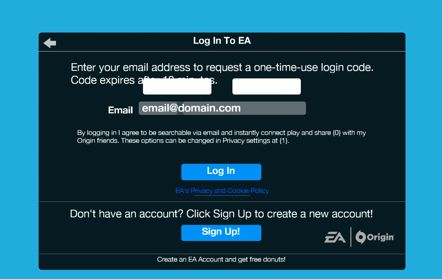The account registration screen.