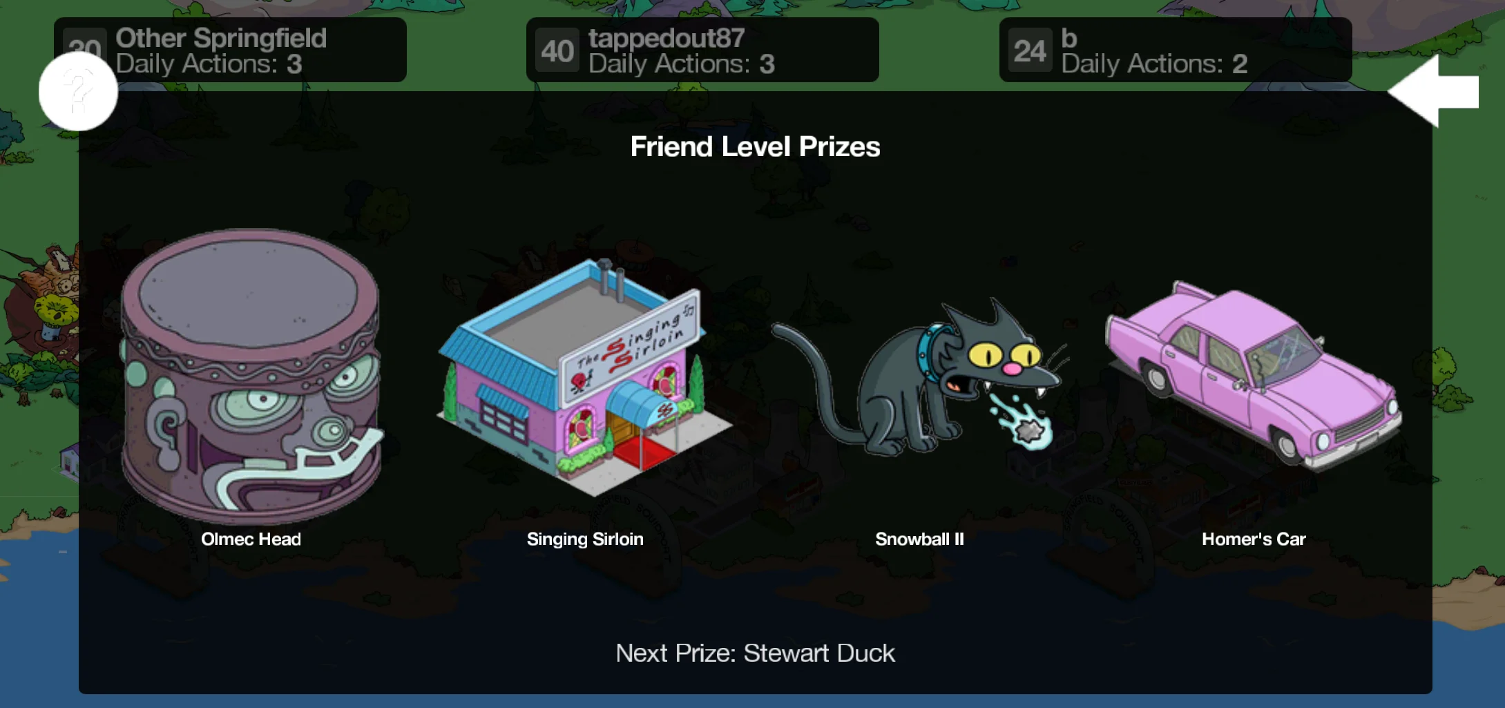 An early implementation of the friend level prize screen.