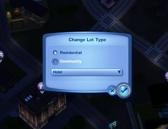 The Change Lot Type dialog with Community selected and Hotel chosen from the venue dropdown.