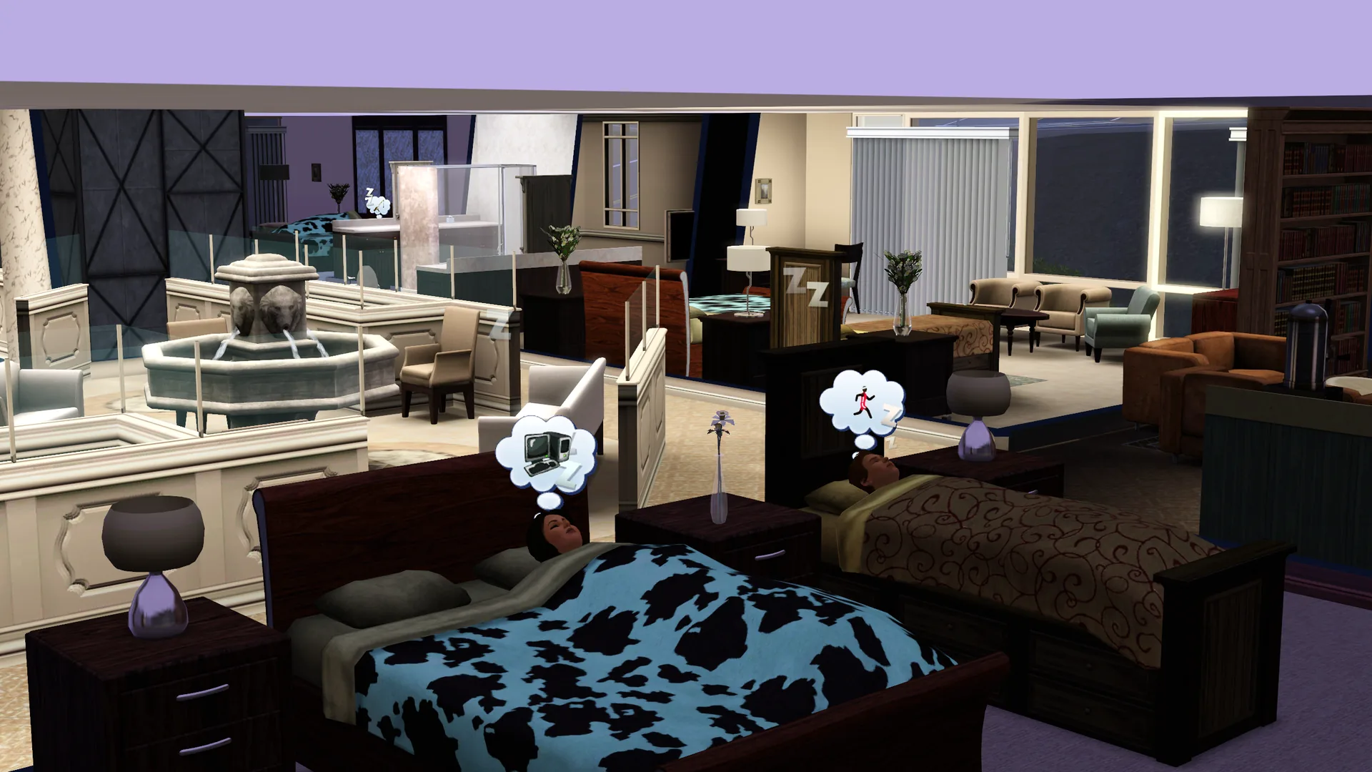 Two hotel guests asleep in separate assigned beds at night, with the lobby and fountain visible beyond.