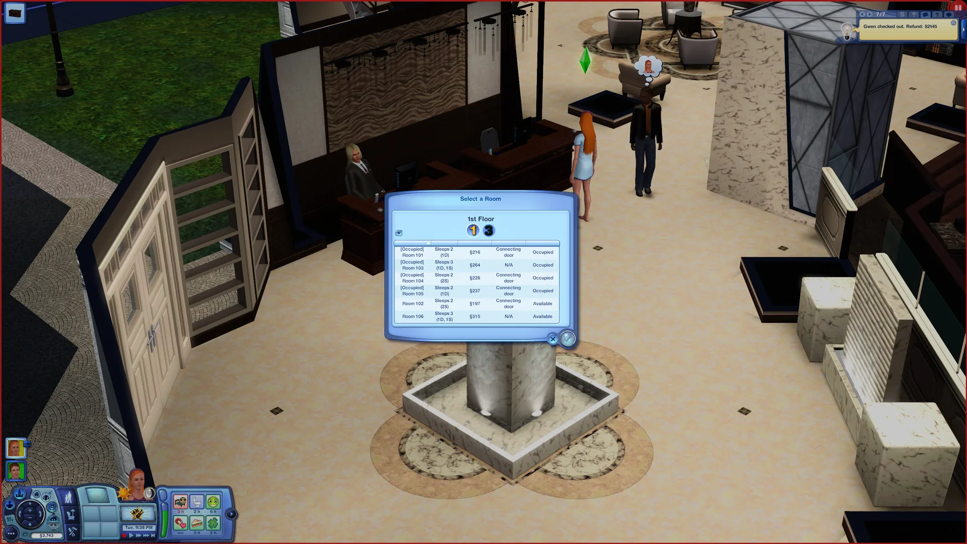 The Select a Room dialog listing six rooms with per-night prices from 197 to 315 simoleons, how many each sleeps, connecting doors, and whether each is occupied or available.