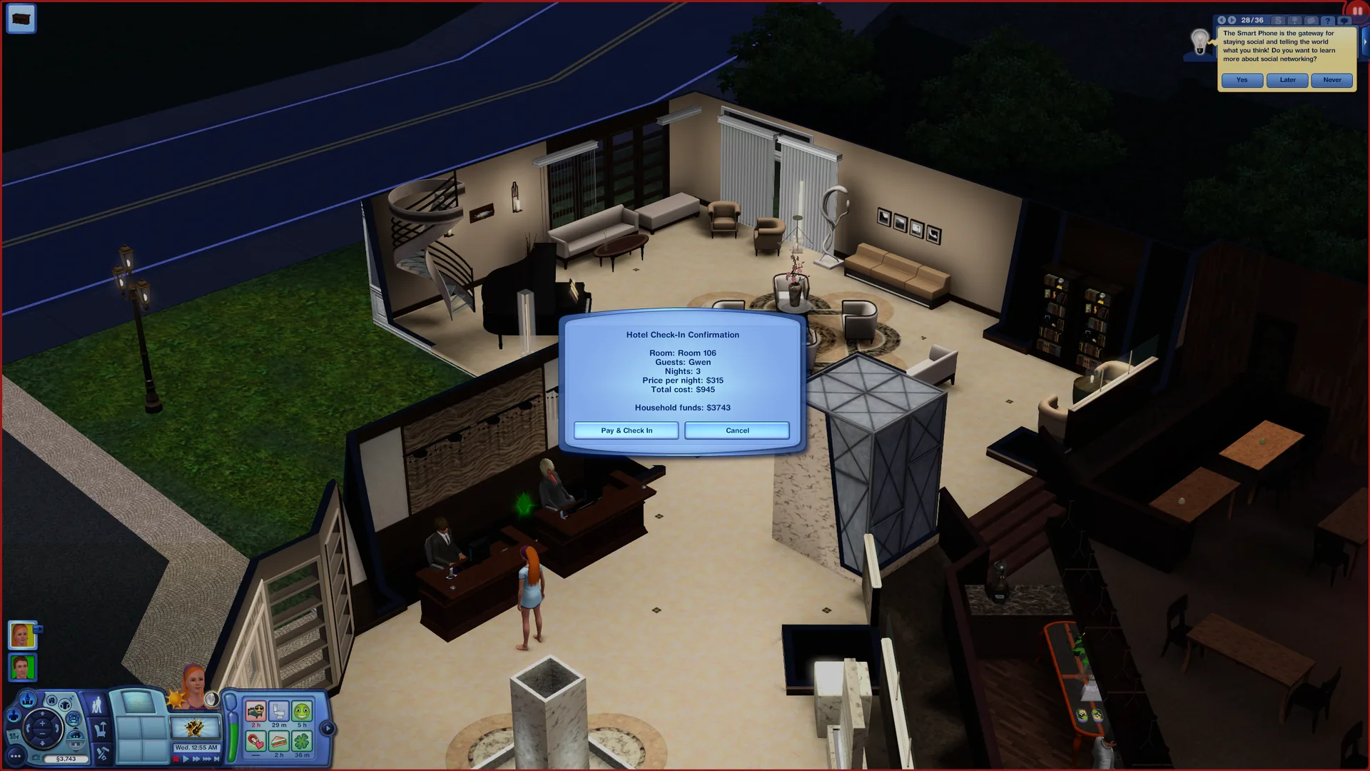The check-in confirmation showing Room 106, three nights at 315 simoleons a night, a total of 945, and the household funds available.