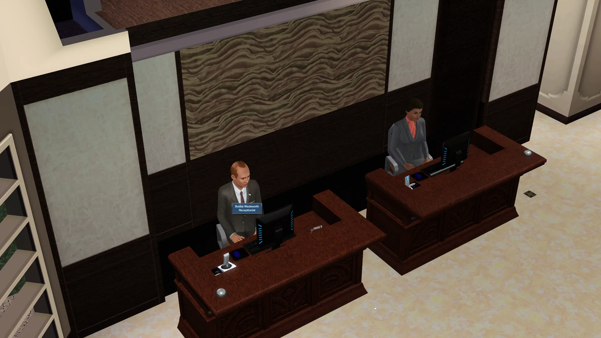 Two receptionists in matching uniforms stood behind their front desks, one labelled Bubba Wadsworth, Receptionist.