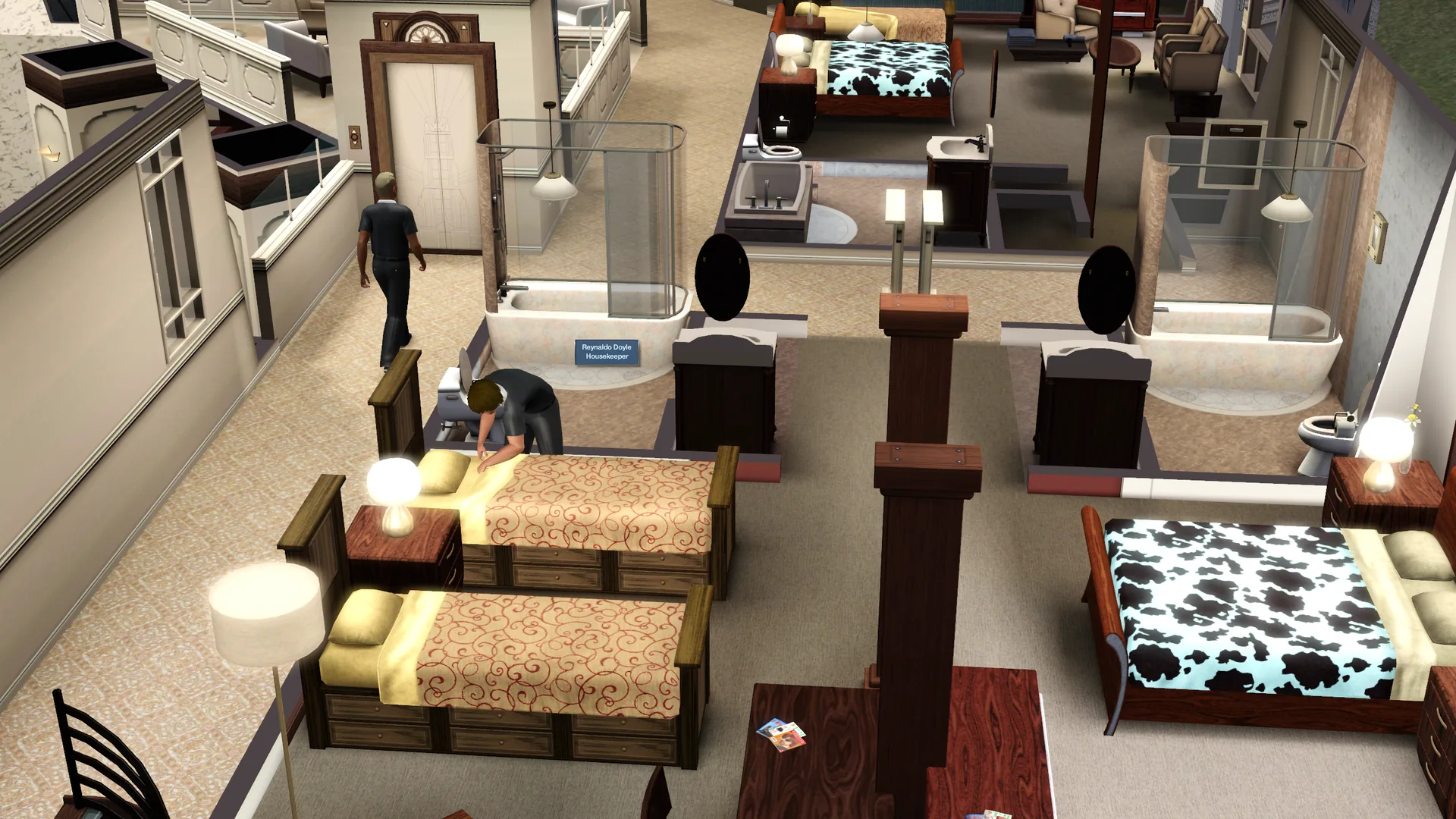 A housekeeper labelled Reynaldo Doyle making a bed on the guest floor, with other rooms visible along the corridor.