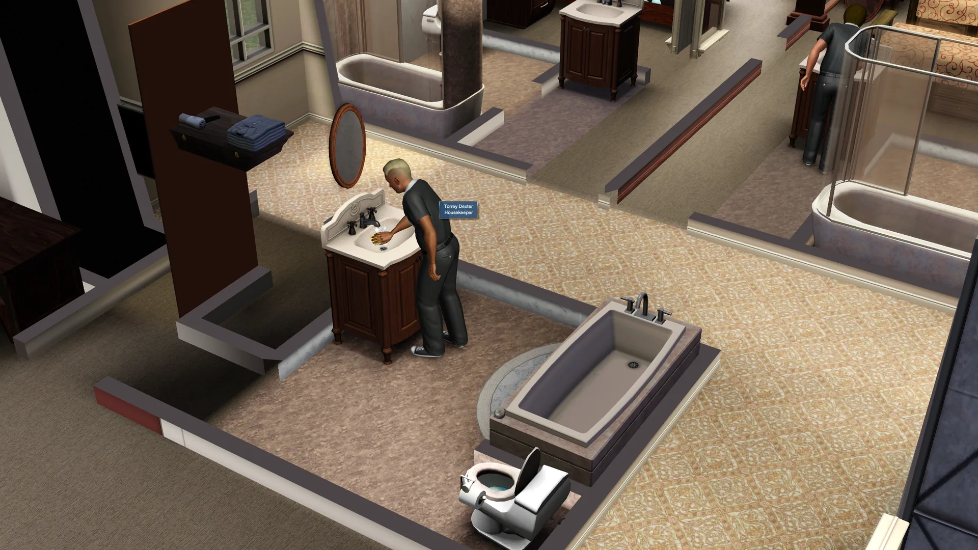 A housekeeper labelled Torrey Dexter cleaning a sink in a guest ensuite.