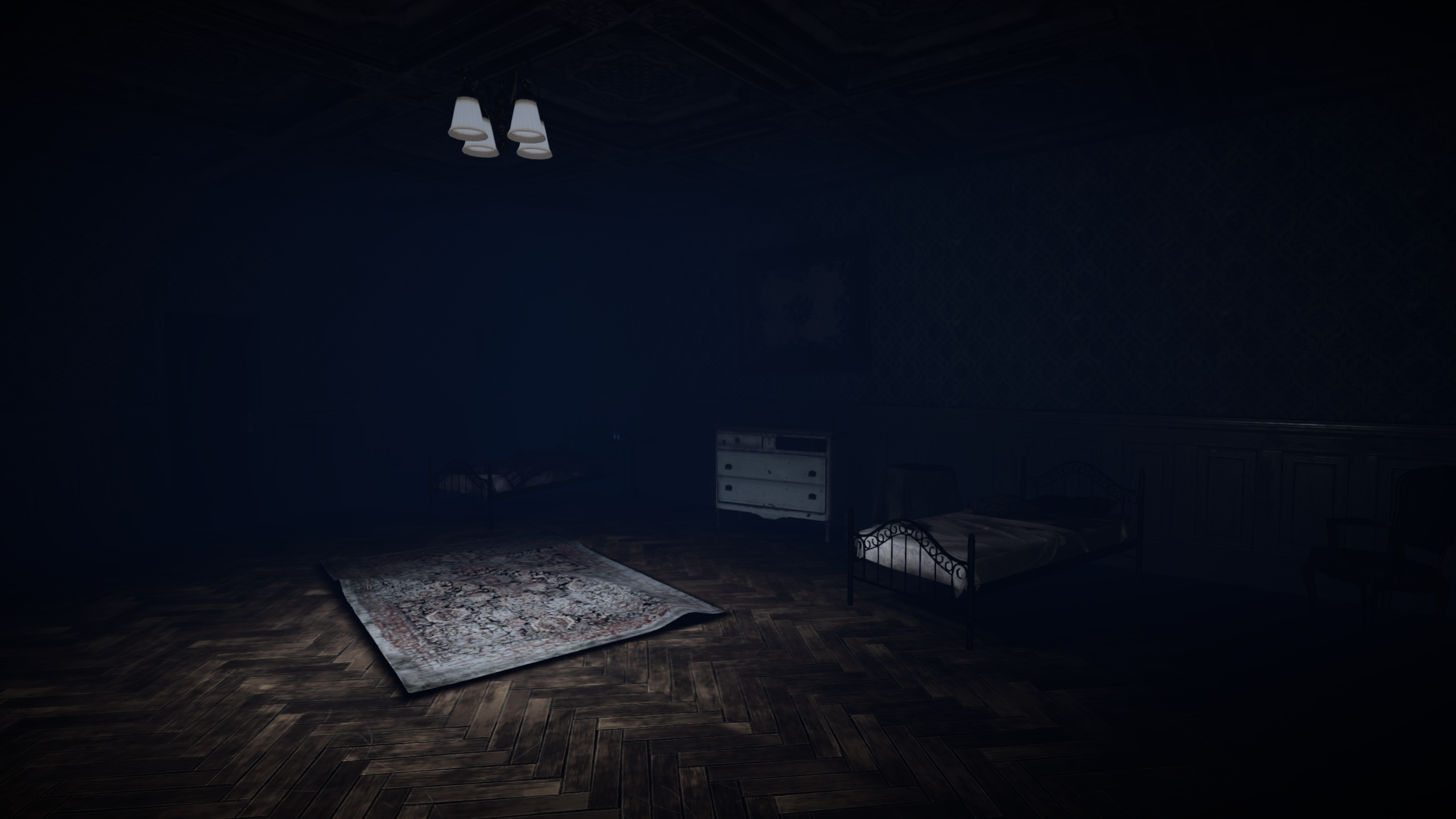 Banner image of a dark, foggy bedroom render taken from ingame.