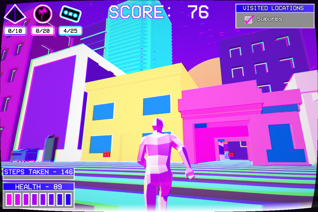 The Suburbs used many low-poly models which when combined with the game's shaders made a colorful, blocky, and retro area with collectible casette tapes hidden between buildings and in alleys.