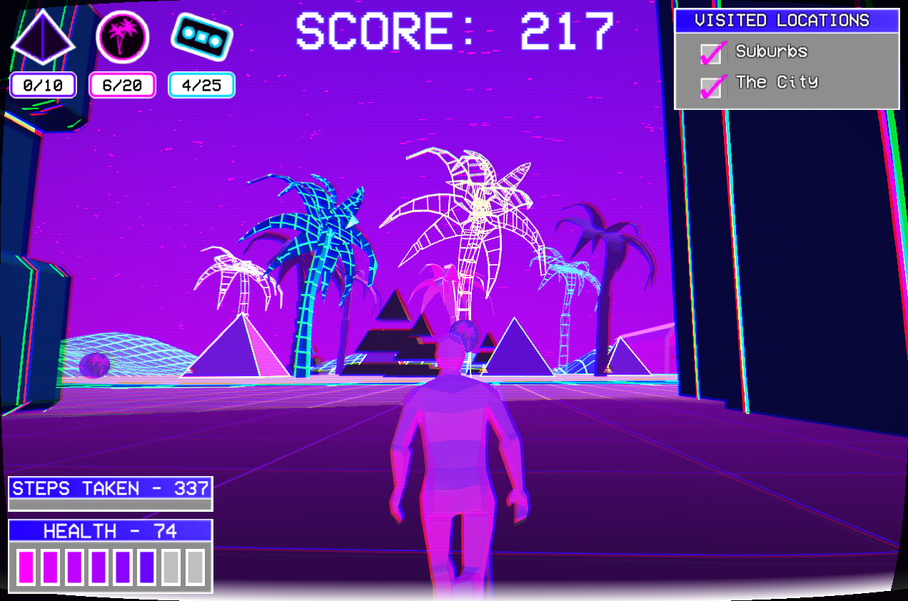 The Oasis contained wireframe trees and pyramids, reminiscent of glitch art and early 3D-rendered objects that may have been seen on the internet of late 1990s.